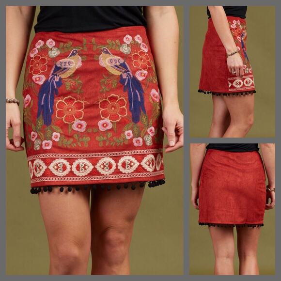Altar'd State | Women | Vermillion Sueded Floral Pom Pom Mini Skirt | Medium - Picture 14 of 14